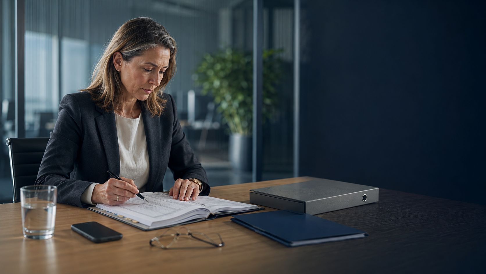 Personalverantwortliche prüft Versorgungsordnung und Dokumente für rechtssichere bAV-Verwaltung im Büro